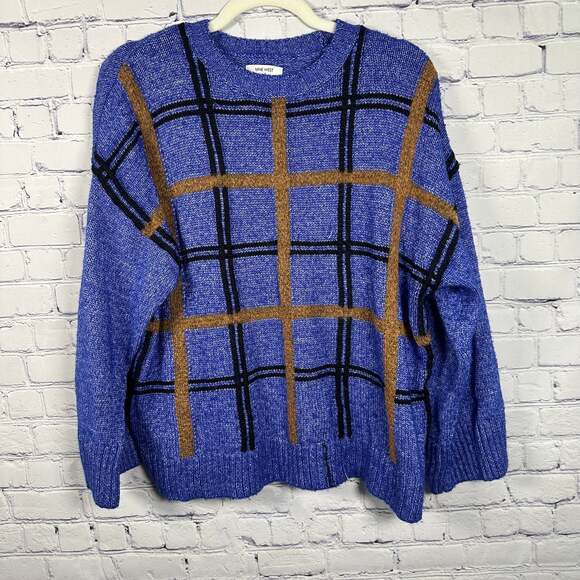 Nine West Sweaters - Nine West Patterned Crewneck Blue Heather Plaid Brown Sweater